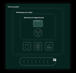 Whitespace Analys arkitekturdiagram som visar spårning och tagghantering, datalagring och analys, och privat molndrift.